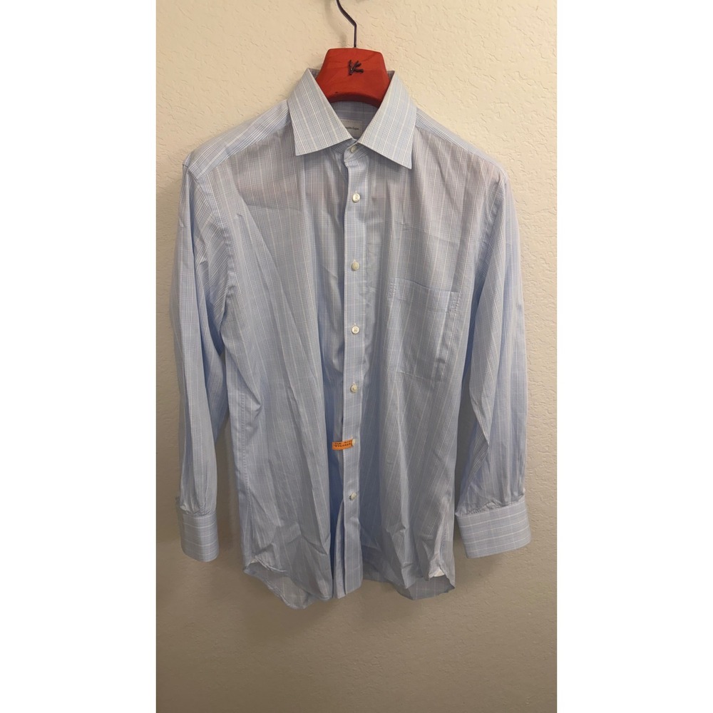 Ermenegildo Zegna Mens Regular Fit Plaid Dress Shirt Blue White 16 41 9RS3PA